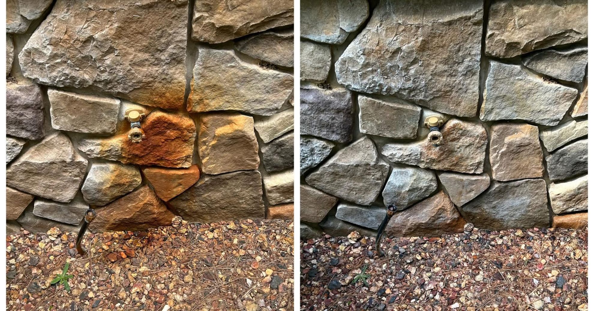 Before and after photos of mineral stained stone siding